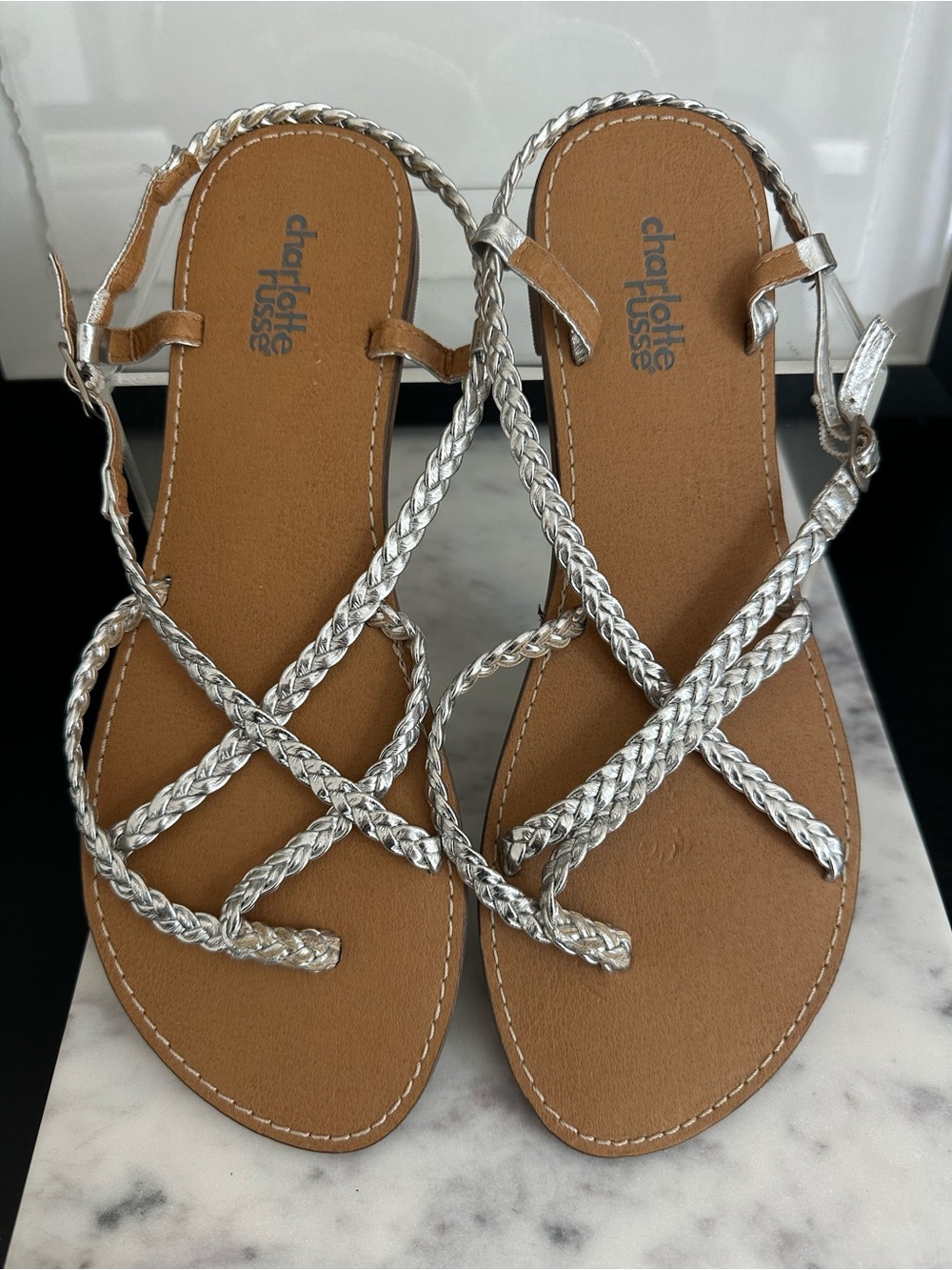 NWOT Charlotte Russe Silver Braided Strappy Sandals with Tan Footbed